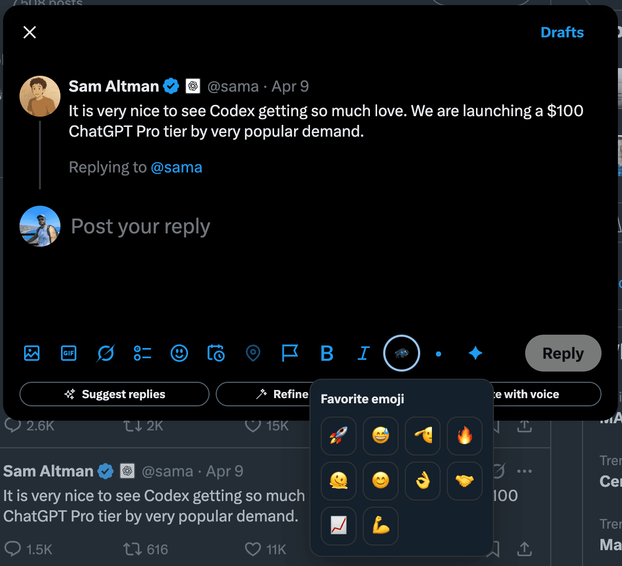 Favorite emoji quick insert inside the X composer